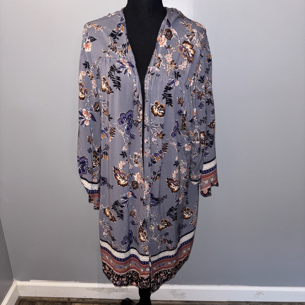 Angie Blue Floral Kimono‎ Women's 3XL Boho Resortwear Artsy Hippie Beach
